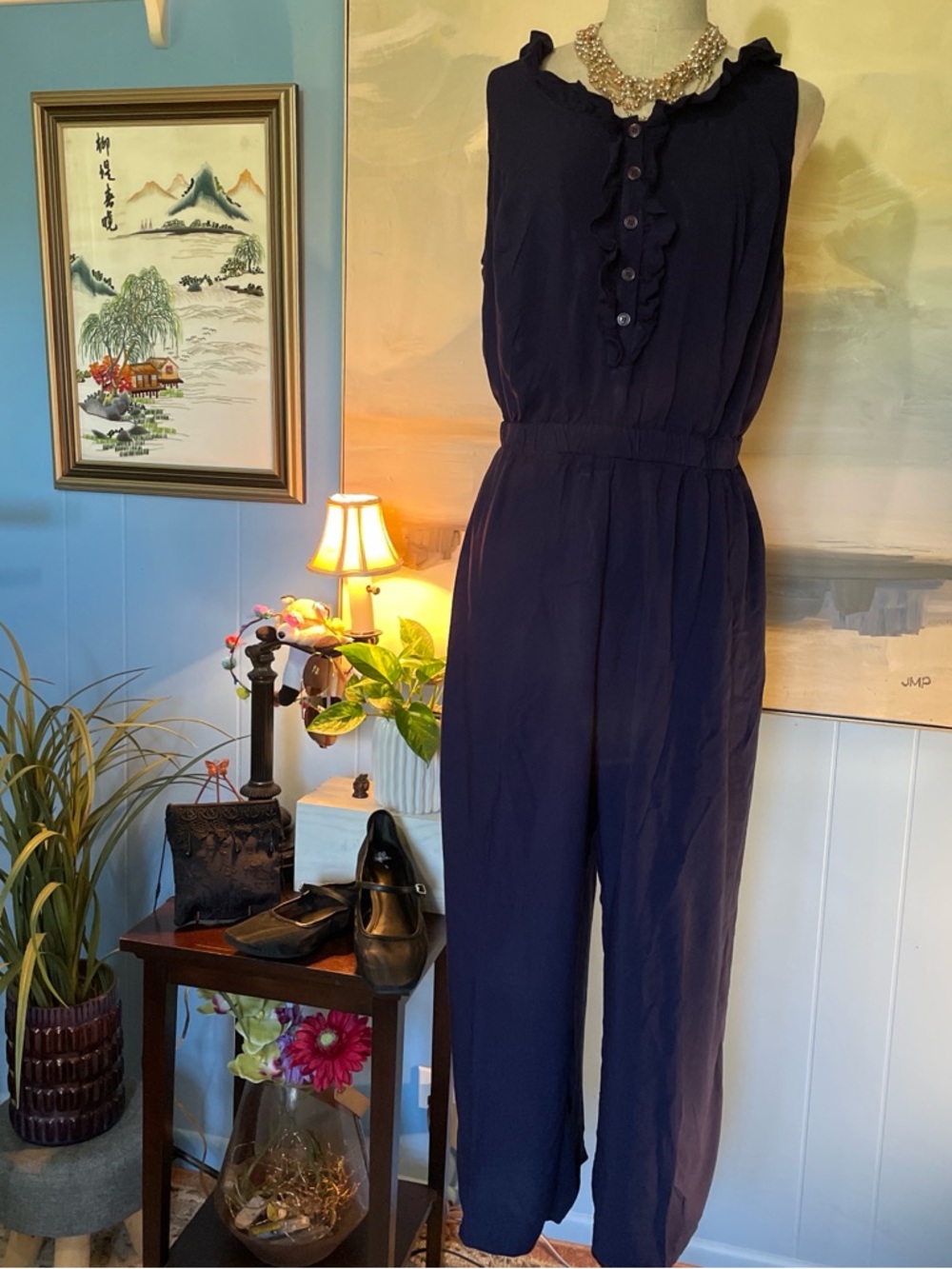 AGB Navy Ruffled Sleeveless Button-Front Jumpsuit